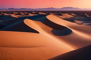 tramonto al di sopra di maestoso sabbia dune nel un' deserto paesaggio. Alba nel il deserto. deserto paesaggi sfondo. foto