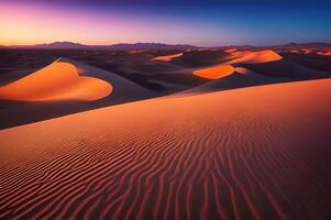 tramonto al di sopra di maestoso sabbia dune nel un' deserto paesaggio. Alba nel il deserto. deserto paesaggi sfondo foto