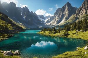 mozzafiato alpino paesaggio cristallo chiaro turchese lago circondato di maestoso montagna picchi e lussureggiante verde. bellissimo montagna e lago paesaggio foto