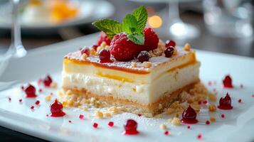 un' avvicinamento di un' delizioso eid dolce, meravigliosamente plated e guarnito con lampone e menta le foglie foto