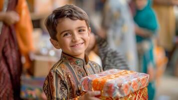 un' giovane ragazzo sorridente animatamente ricevente eid i regali a partire dal il suo famiglia membri foto