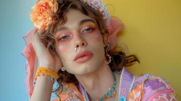 ritratto di un' transgender S nel rosa vestito e fiore capelli accessorio individuale con orgoglio visualizzazione loro transizione sequenza temporale attraverso fotografie