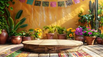 vuoto di legno podio su giallo parete sfondo con impianti nel un' pentole per Prodotto Schermo, messicano cinco de mayo festa tema foto