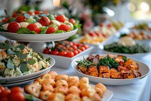 lussuoso decorazione di bianca tovaglie con molte di dito cibo preparato professionale pubblicità cibo fotografia foto