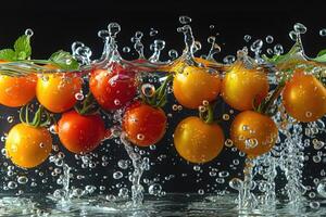 un' fresco frutta o verdure con acqua goccioline la creazione di un' spruzzo pubblicità cibo fotografia foto