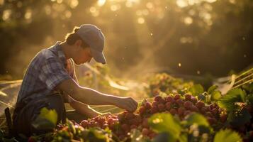 un' giovane contadino ispezionando un' staio di paffuto fragole nel un' morbido, diffuso mattina luce. generato di artificiale intelligenza. foto