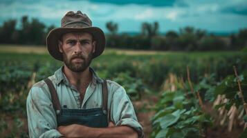 un' giovane arrabbiato francese agricoltore. il campo paesaggio a partire dal il Indietro. generato di artificiale intelligenza. foto