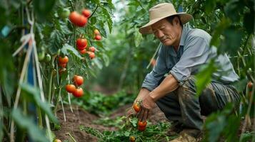 un' fiducioso, ben vestito 40 anni asiatico contadino tendente per pomodoro impianti. pieno corpo sparo, maturo pomodori su il vite, lussureggiante pomodoro frutteto nel il sfondo. foto