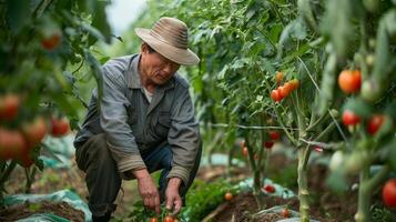 un' fiducioso, ben vestito 40 anni asiatico contadino tendente per pomodoro impianti. pieno corpo sparo, maturo pomodori su il vite, lussureggiante pomodoro frutteto nel il sfondo. foto