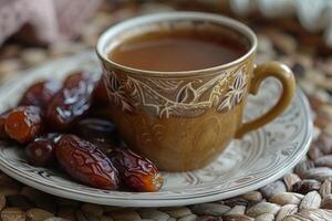 un' tazza tè e date su piatto per Ramadan iftar stile professionale pubblicità cibo fotografia foto