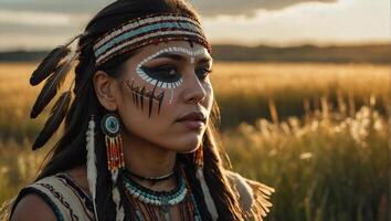 nativo americano ragazza nel tradizionale vestito decorativo fascia per capelli con piume dettagliato viso dipingere in piedi nel un' sereno prateria circondato di alto erba e fiori selvatici foto