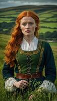 giovane bellissimo donna di irlandesi discesa con ardente rosso capelli indossare un antico tradizionale irlandesi vestito sta in mezzo il pittoresco natura di Irlanda foto