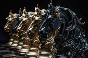 gioco di scacchi nel il primo piano, teste di stalloni con fluente criniere nel il sfondo foto