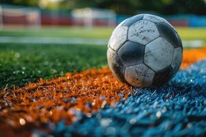 calcio palla riposa su il verde erba di il campo con il bianca confine linea nel primo piano, incarnando il spirito di il gioco foto