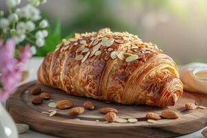 mandorla brioche guarnizione con noccioline servito su di legno tavola. francese prima colazione foto