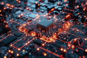 complesso circuito asse, illustrare il integrazione di artificiale intelligenza tecnologia con elettronico hardware. foto