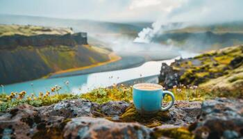 idilliaco montagna scenario con un' caffè tazza foto