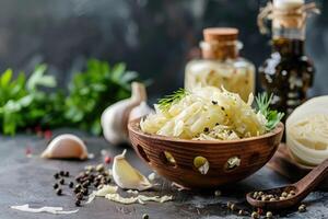 fresco sottaceto crauti cavolo con ingredienti nel ciotola foto