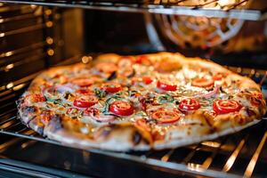 gustoso fatti in casa Pizza cucinando nel un forno a casa. foto