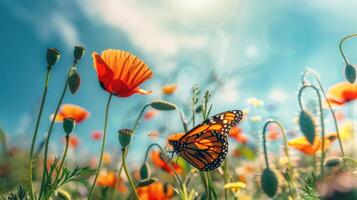 bellissimo rosso papavero fiori e monarca farfalla nel primavera nel natura all'aperto su soleggiato giorno. fioritura papaveri. foto
