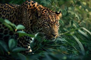 testa di un' giaguaro tra il le foglie nel il giungla, panthera onca. foto