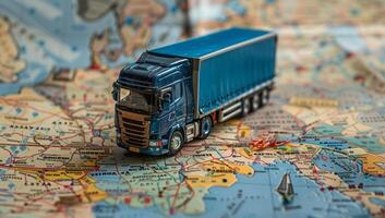 miniatura camion su mondo carta geografica per globale la logistica concetto foto