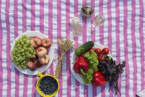 bellissimo picnic con frutta, verdure e bicchieri di vino vicino lago. foto