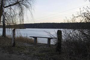 un' panchina vicino lago. foto