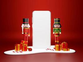 concetto online di shopping natalizio, smartphone con schiaccianoci e regalo di natale, illustrazione 3d foto