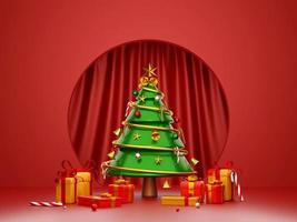 scena di albero di natale e confezione regalo con sfondo rosso tenda, illustrazione 3d foto