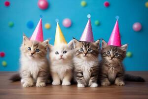 celebrazione, contento compleanno, Silvestro nuovo anni vigilia festa, divertente animale saluto carta - gruppo di carino poco gatti animali domestici con festa cappello su blu rosa tavolo parete sfondo struttura foto