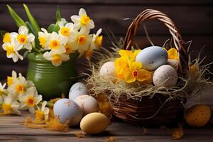 Pasqua vacanza celebrazione bandiera saluto carta bandiera con Pasqua uova nel un' uccello nido cestino e giallo giunchiglie fiori su tavolo foto