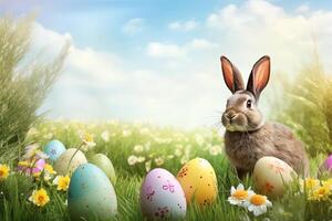 Pasqua vacanza celebrazione bandiera saluto carta - dipinto Pasqua uova e Pasqua coniglietto coniglio su verde fresco prato con erbe e primavera fiori foto