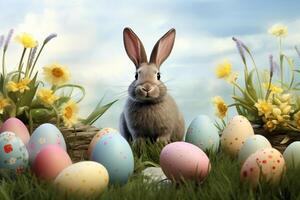 Pasqua vacanza celebrazione bandiera saluto carta - dipinto Pasqua uova e Pasqua coniglietto coniglio su verde fresco prato con erbe e primavera fiori foto