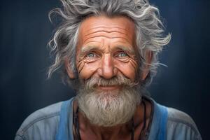 ritratto di un vecchio sorridente uomo guardare in il lente foto