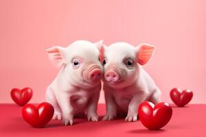 contento San Valentino giorno, san valentino giorno, amore, celebrazione concetto saluto carta con testo - carino bambino maiali coppia Tenere un' rosso cuore , isolato su rosa foto