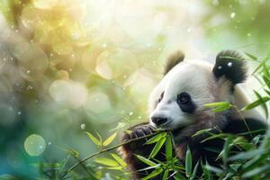 panda masticazione bambù nel bambù foresta su sfocato sfondo foto