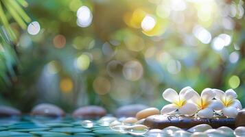 frangipani fiori su bagnato pietre con morbido bokeh luce, un' tranquillo, calmo terme e benessere ritiro scena foto