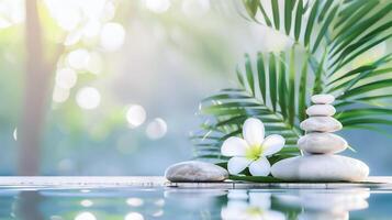 terme ambientazione con impilati pietre e frangipani fiore, sereno acqua e palma foglie, zen benessere atmosfera foto