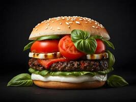 fresco gustoso hamburger isolato su un' buio sfondo foto