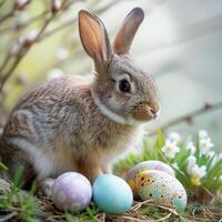 carino Pasqua coniglietto o coniglio su prato sbirciando dietro a mucchio di dipinto decorato o ornato uova per Pasqua uovo caccia gioco. foto