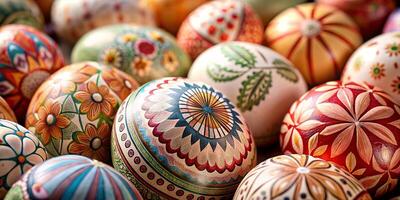 avvicinamento tanto di meravigliosamente dipinto Pasqua uova, bellissimo moderno modello Pasqua uova foto