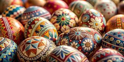 avvicinamento tanto di meravigliosamente dipinto Pasqua uova, bellissimo tradizionale modello Pasqua uova foto