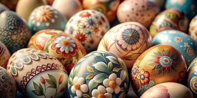 avvicinamento tanto di meravigliosamente dipinto Pasqua uova, bellissimo floreale modello Pasqua uova foto