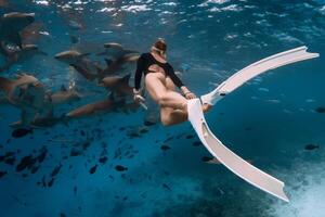 donna lo snorkeling nel tropicale mare con infermiera squali nel Bahamas foto