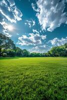 erboso campo con alberi e nuvole foto