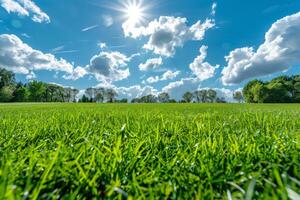 campo di erba verde sotto il cielo blu con nuvole foto