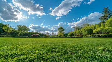 erboso campo con alberi e nuvole foto