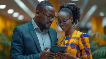 africano compagni di lavoro condivisione un' leggero momento mentre Guardando su un' tavoletta foto