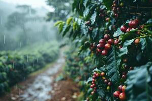 caffè cespugli con maturo caffè fagioli nel il pioggia. generato di artificiale intelligenza foto